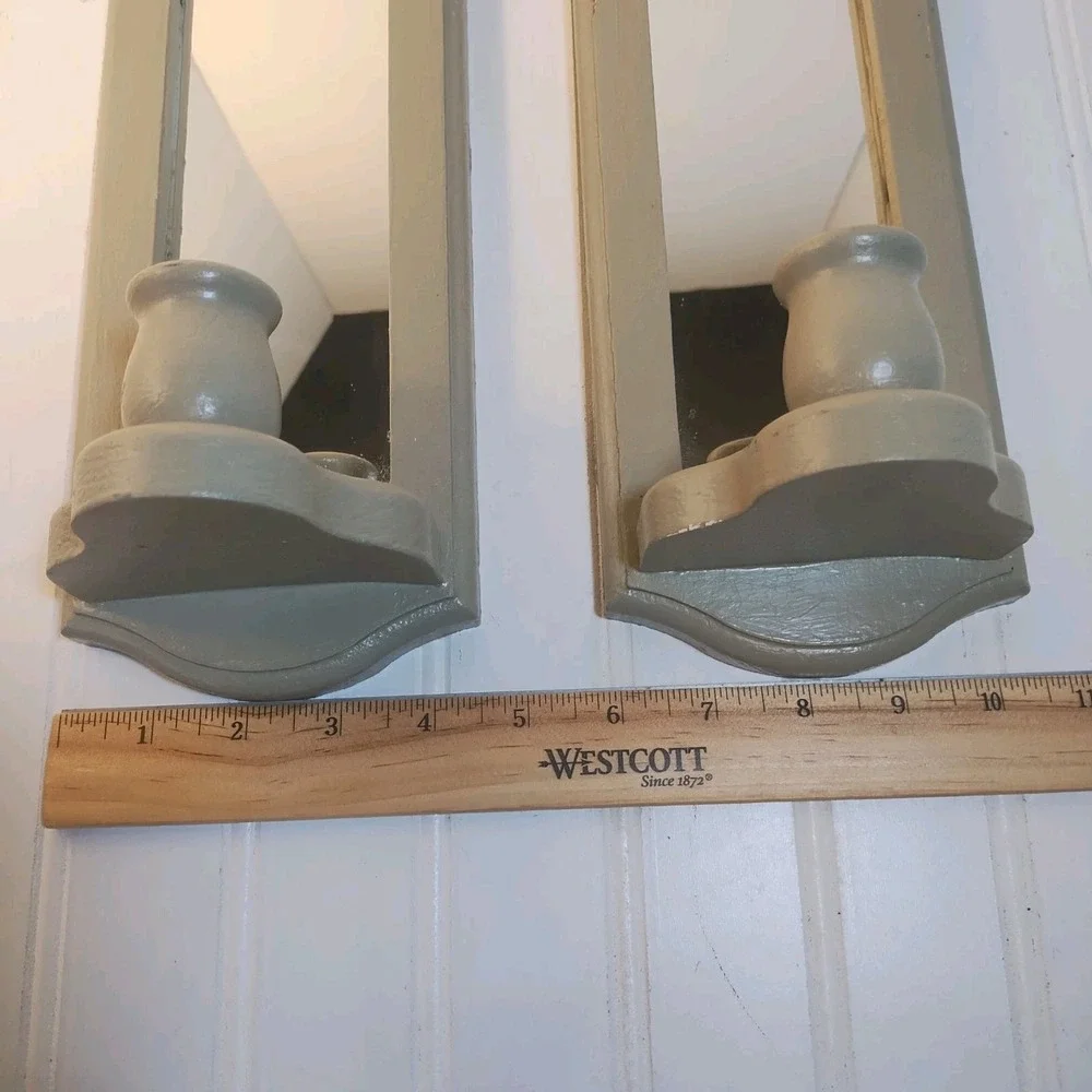 Pair Vintage Wood Gray Wall Candle‎ Sconce Mirror Farmhouse Cottage Painted 11